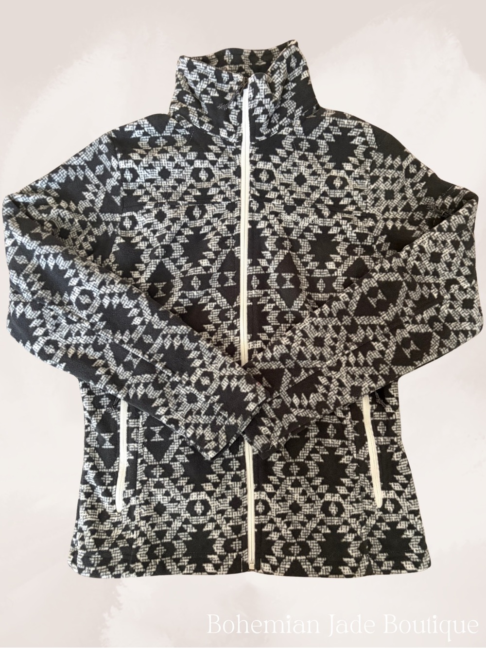 Columbia Printed Full Zip Fleece Jacket Black White Women’s Small